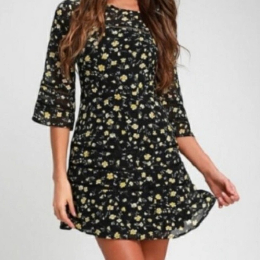 Lulus Black Floral Dress 3/4 Sleeve Extra Large XL